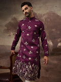 Men Purple Silk Blend Solid Embroidered Straight Kurta and Trouser-MKSET1340
