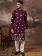 Men Purple Silk Blend Solid Embroidered Straight Kurta and Trouser-MKSET1340