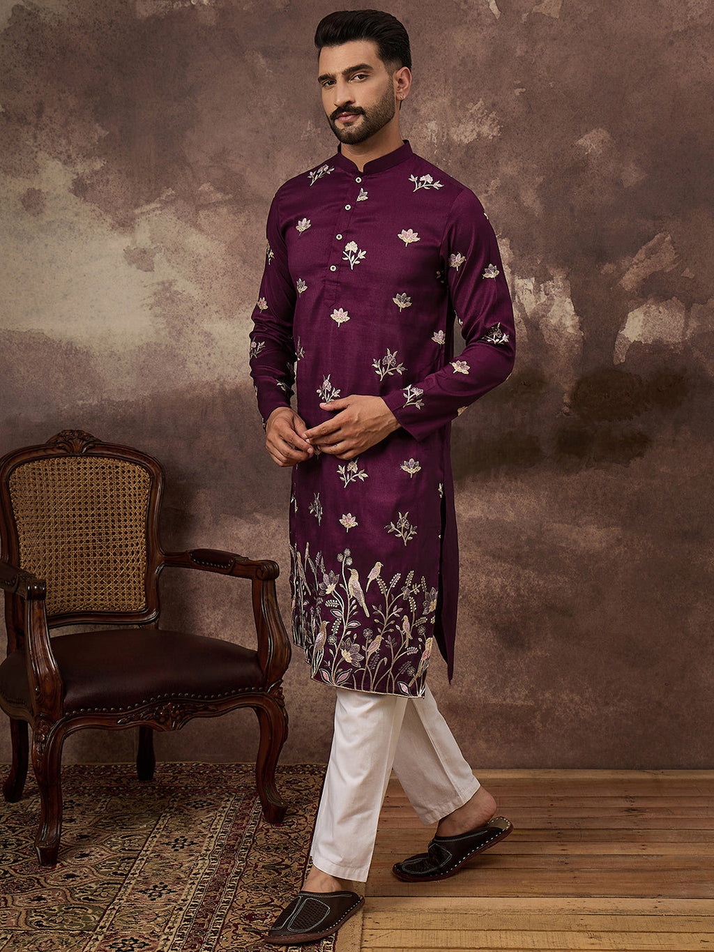 Men Purple Silk Blend Solid Embroidered Straight Kurta and Trouser-MKSET1340