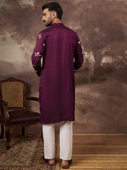 Men Purple Silk Blend Solid Embroidered Straight Kurta and Trouser-MKSET1340