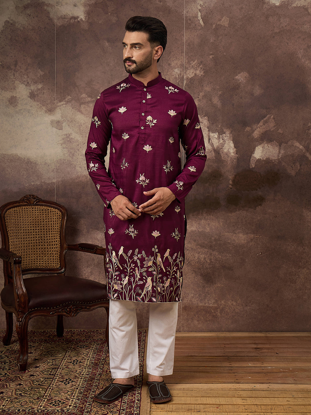 Men Purple Silk Blend Solid Embroidered Straight Kurta and Trouser-MKSET1340
