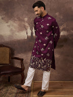 Men Purple Silk Blend Solid Embroidered Straight Kurta and Trouser-MKSET1340