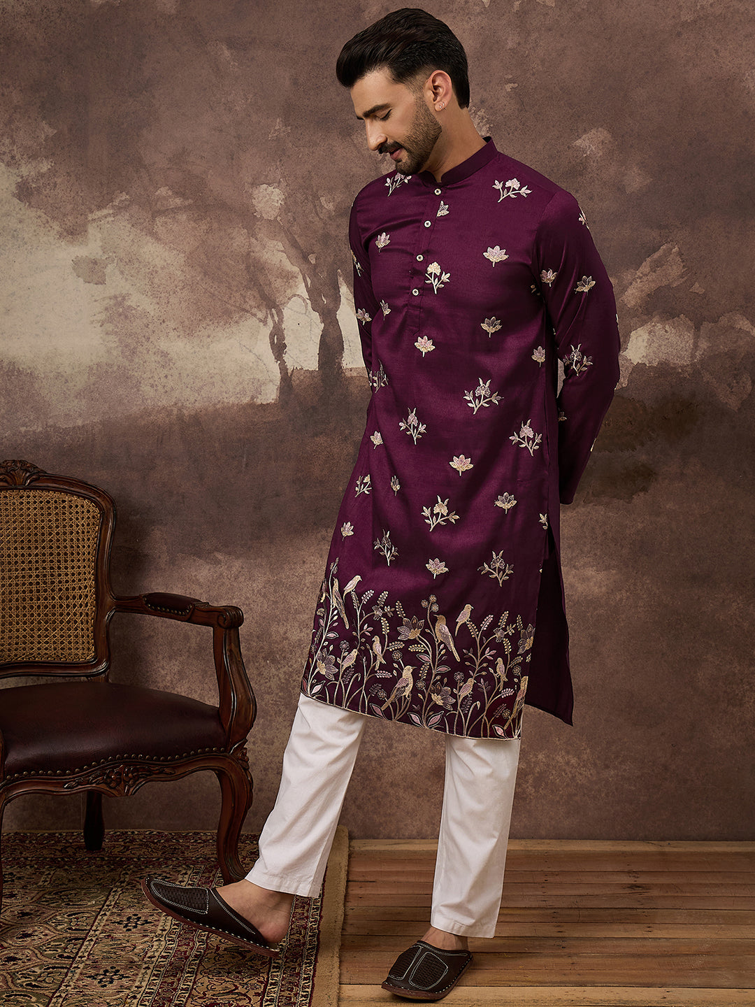 Men Purple Silk Blend Solid Embroidered Straight Kurta and Trouser-MKSET1340