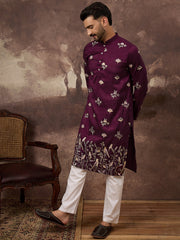 Men Purple Silk Blend Solid Embroidered Straight Kurta and Trouser-MKSET1340