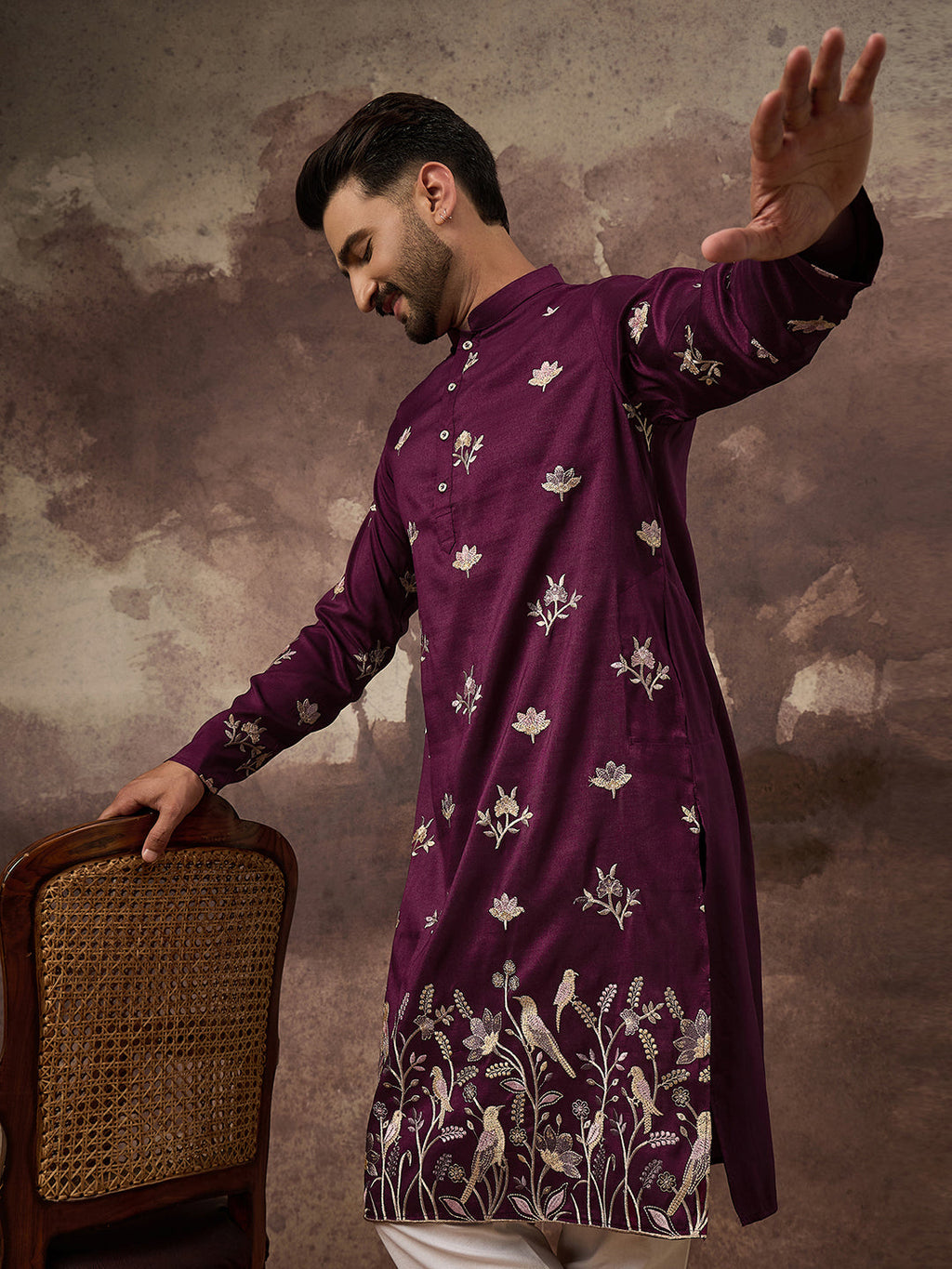 Men Purple Silk Blend Solid Embroidered Straight Kurta and Trouser-MKSET1340