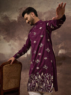 Men Purple Silk Blend Solid Embroidered Straight Kurta and Trouser-MKSET1340