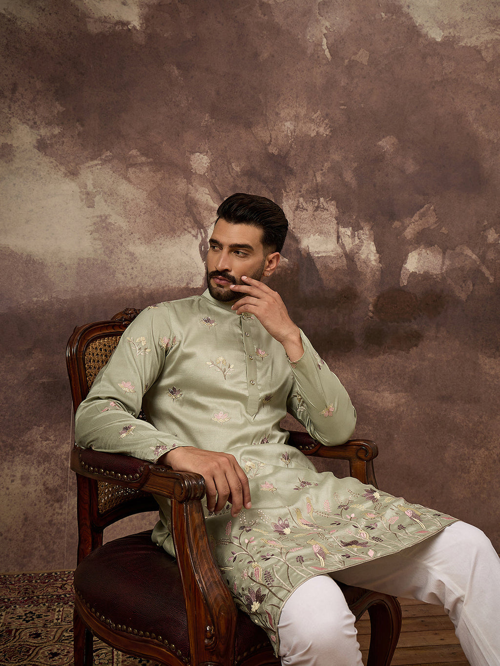 Men Green Silk Blend Solid Embroidered Straight Kurta and Trouser-MKSET1341