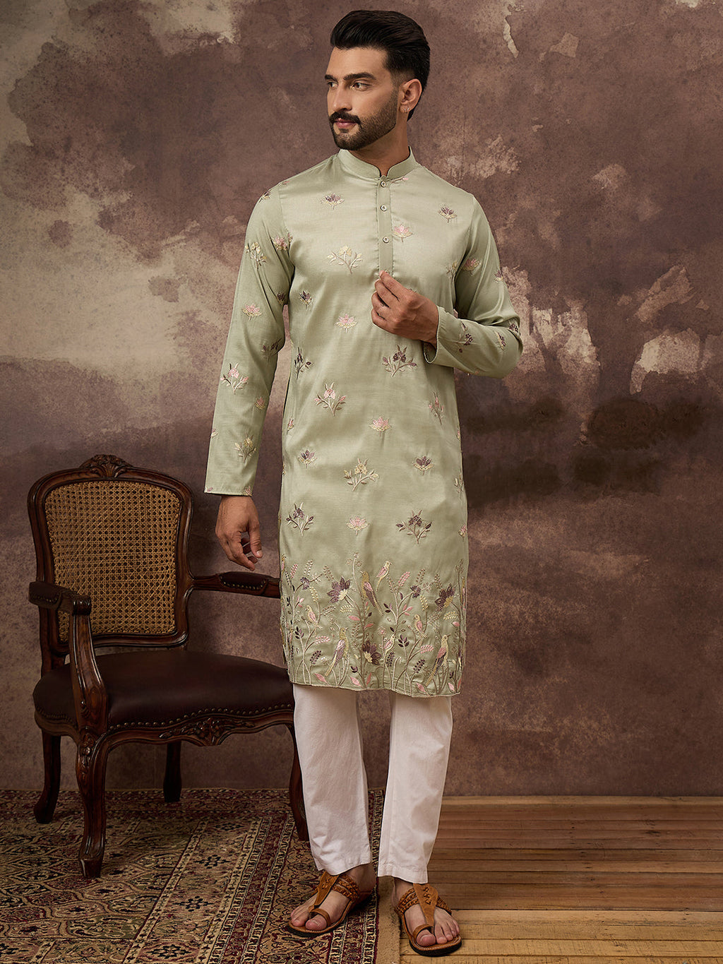 Men Green Silk Blend Solid Embroidered Straight Kurta and Trouser-MKSET1341
