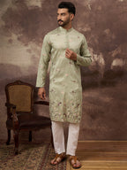 Men Green Silk Blend Solid Embroidered Straight Kurta and Trouser-MKSET1341