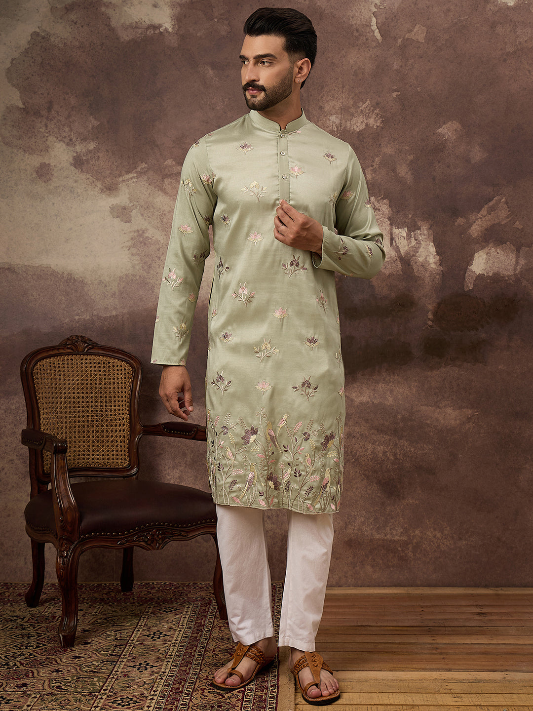 Men Green Silk Blend Solid Embroidered Straight Kurta and Trouser-MKSET1341