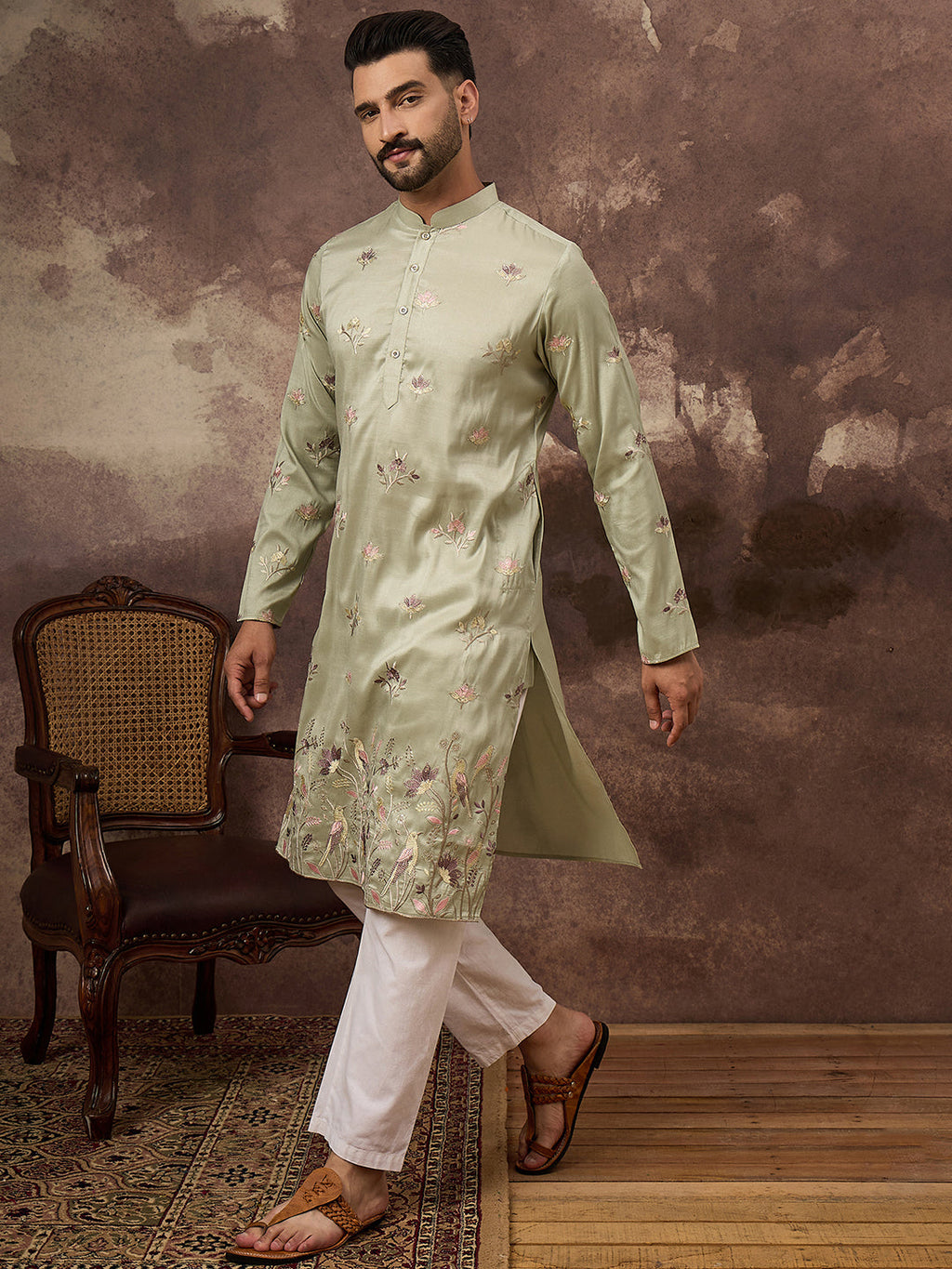 Men Green Silk Blend Solid Embroidered Straight Kurta and Trouser-MKSET1341