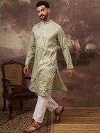 Men Green Silk Blend Solid Embroidered Straight Kurta and Trouser-MKSET1341