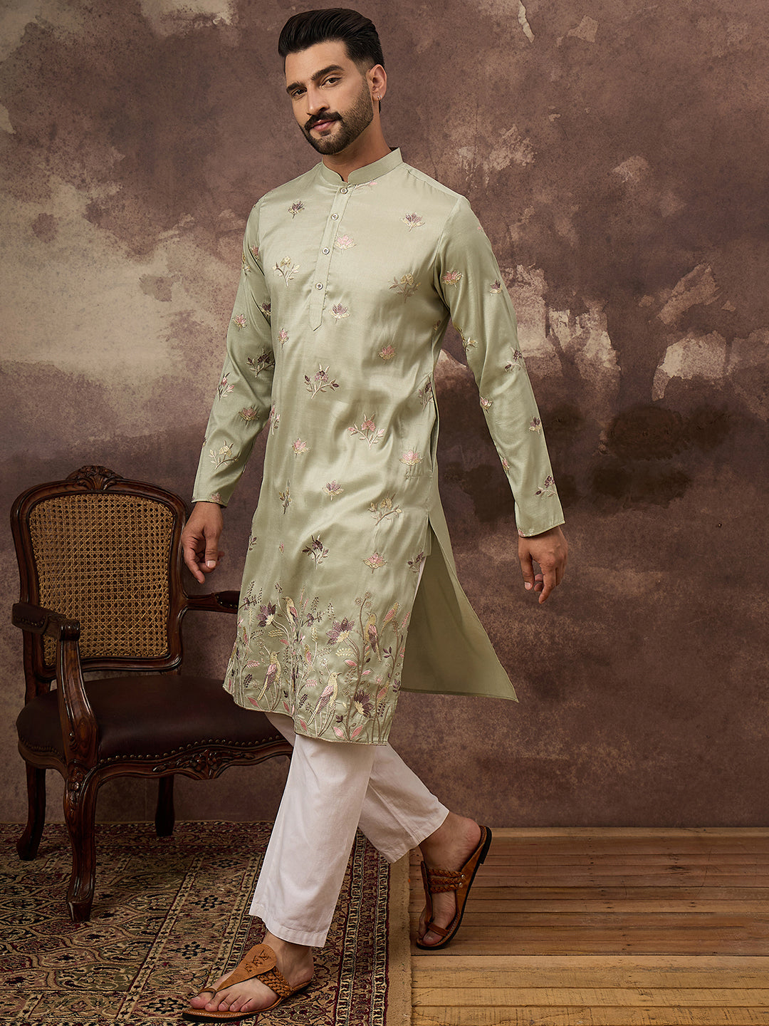 Men Green Silk Blend Solid Embroidered Straight Kurta and Trouser-MKSET1341