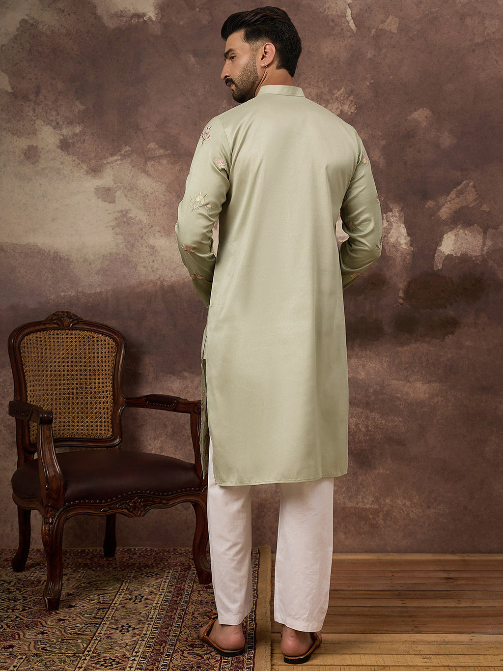 Men Green Silk Blend Solid Embroidered Straight Kurta and Trouser-MKSET1341