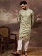 Men Green Silk Blend Solid Embroidered Straight Kurta and Trouser-MKSET1341