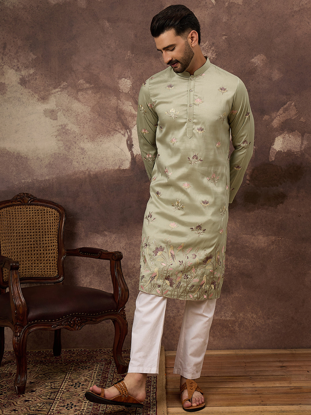 Men Green Silk Blend Solid Embroidered Straight Kurta and Trouser-MKSET1341