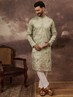 Men Green Silk Blend Solid Embroidered Straight Kurta and Trouser-MKSET1341