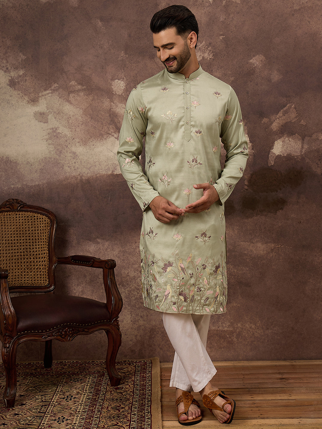 Men Green Silk Blend Solid Embroidered Straight Kurta and Trouser-MKSET1341