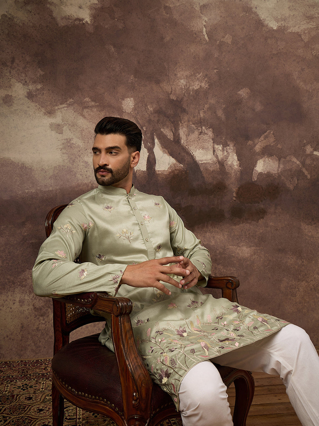 Men Green Silk Blend Solid Embroidered Straight Kurta and Trouser-MKSET1341