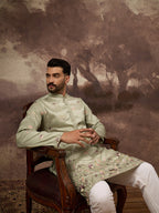 Men Green Silk Blend Solid Embroidered Straight Kurta and Trouser-MKSET1341