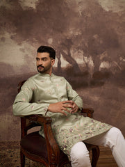 Men Green Silk Blend Solid Embroidered Straight Kurta and Trouser-MKSET1341