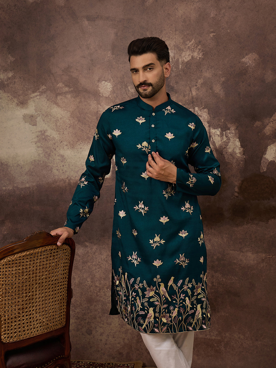 Men Blue Silk Blend Solid Embroidered Straight Kurta and Trouser-MKSET1342