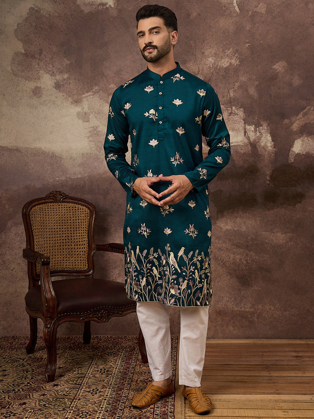 Men Blue Silk Blend Solid Embroidered Straight Kurta and Trouser-MKSET1342