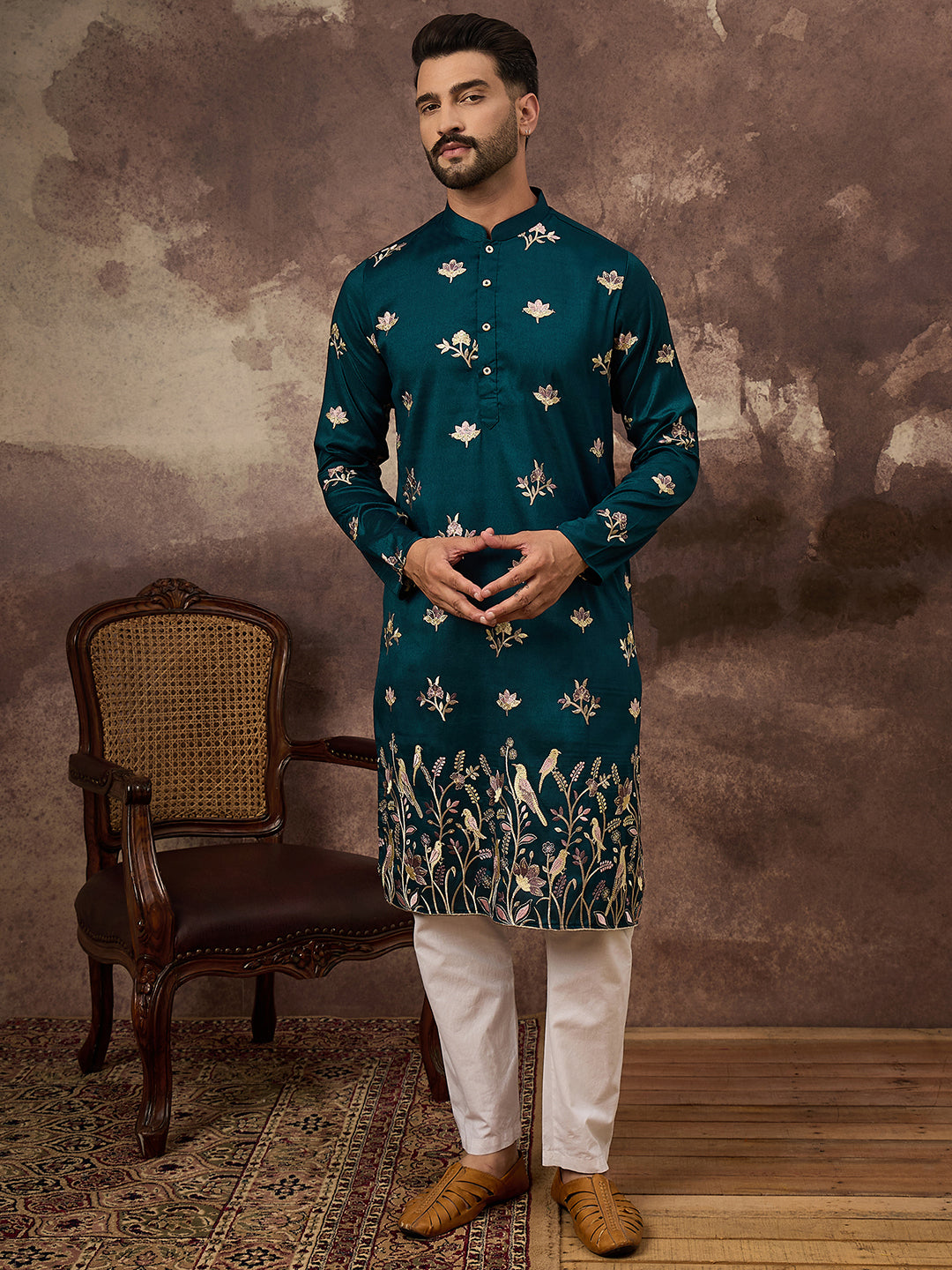 Men Blue Silk Blend Solid Embroidered Straight Kurta and Trouser-MKSET1342