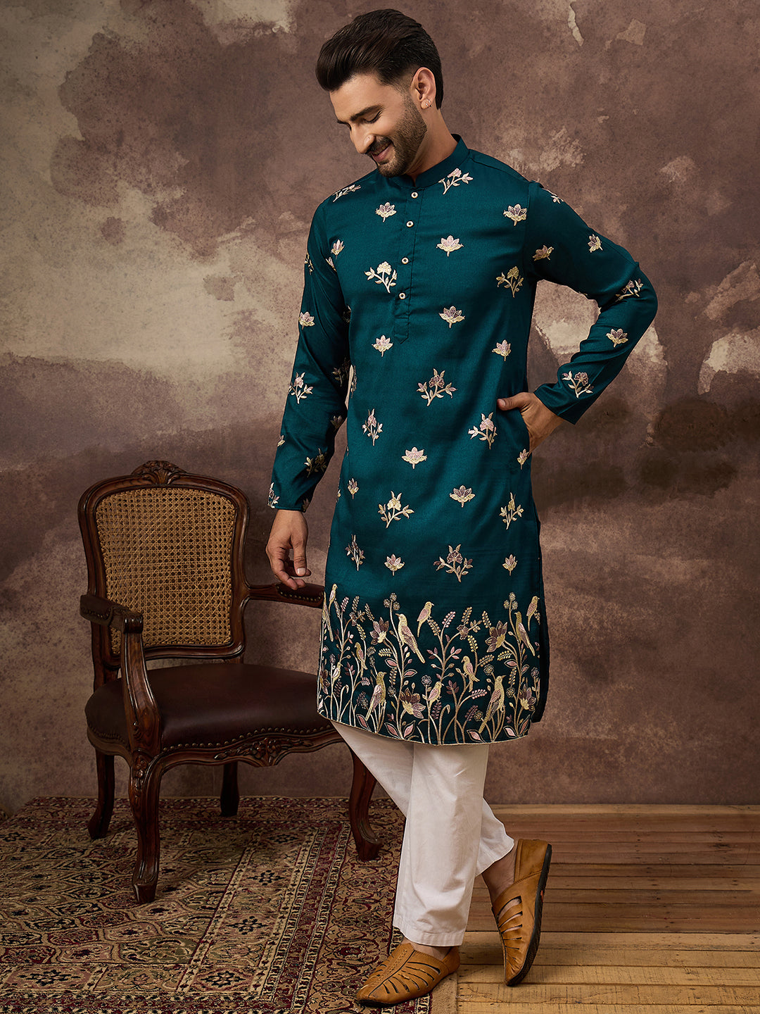 Men Blue Silk Blend Solid Embroidered Straight Kurta and Trouser-MKSET1342