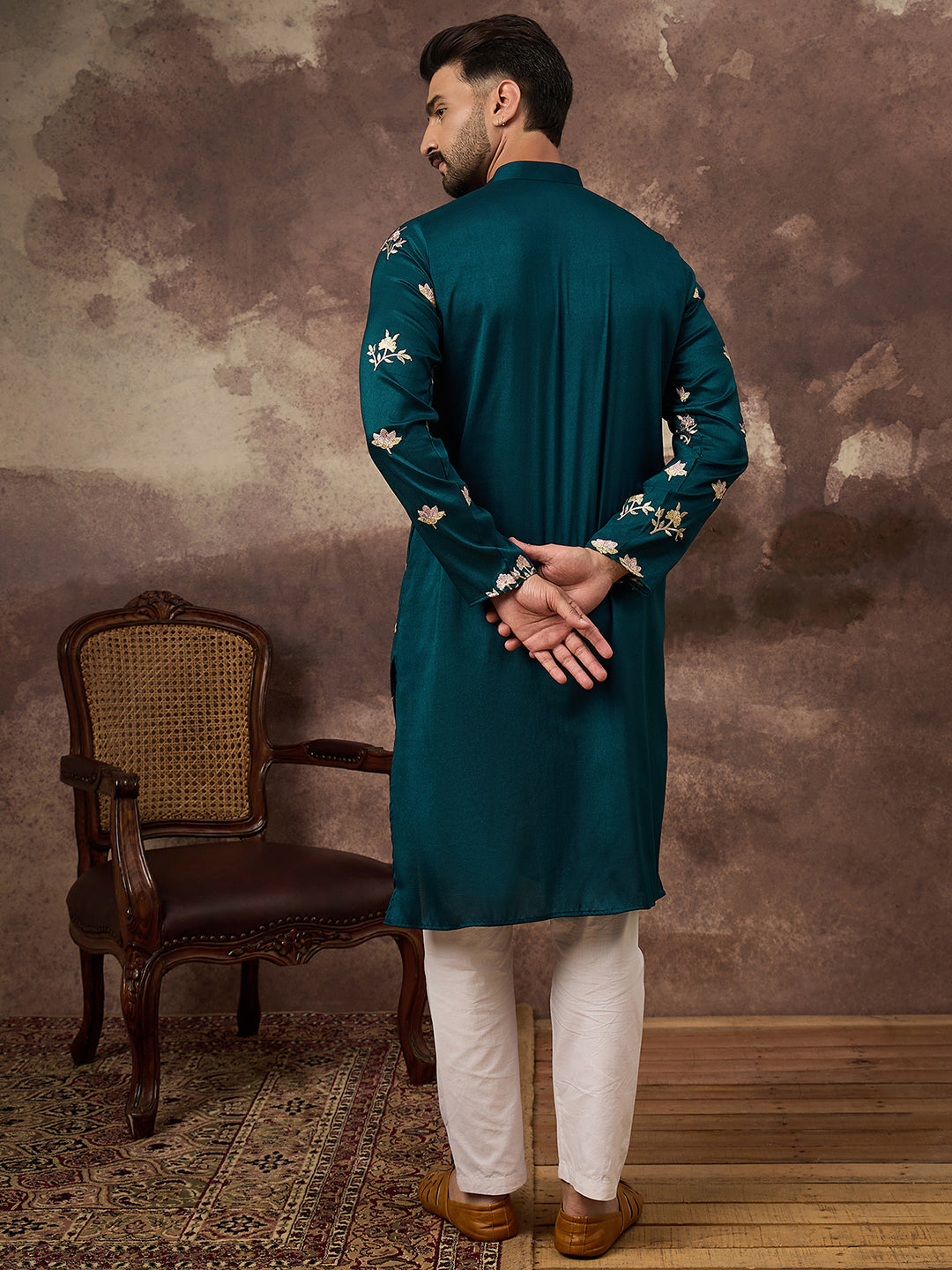 Men Blue Silk Blend Solid Embroidered Straight Kurta and Trouser-MKSET1342