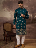 Men Blue Silk Blend Solid Embroidered Straight Kurta and Trouser-MKSET1342