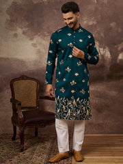 Men Blue Silk Blend Solid Embroidered Straight Kurta and Trouser-MKSET1342