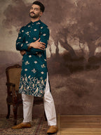 Men Blue Silk Blend Solid Embroidered Straight Kurta and Trouser-MKSET1342