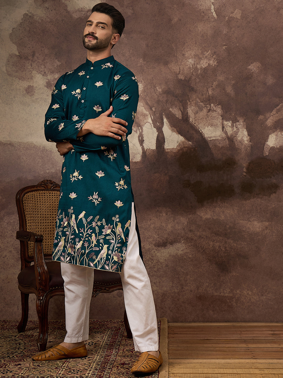Men Blue Silk Blend Solid Embroidered Straight Kurta and Trouser-MKSET1342