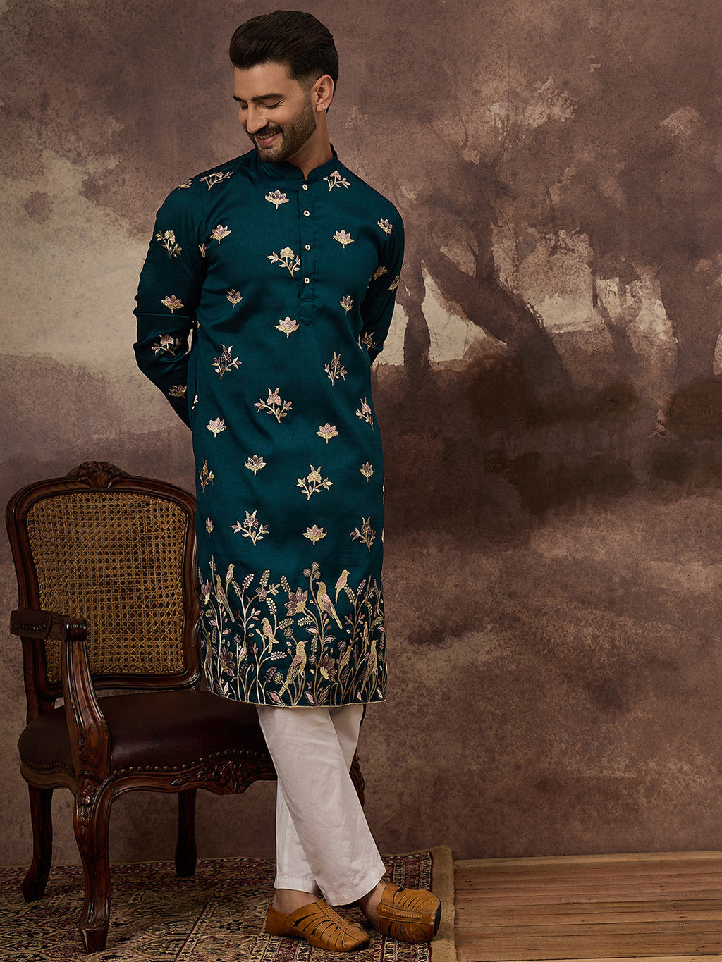 Men Blue Silk Blend Solid Embroidered Straight Kurta and Trouser-MKSET1342