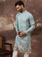 Men Blue Silk Blend Solid Embroidered Straight Kurta and Trouser-MKSET1343