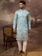 Men Blue Silk Blend Solid Embroidered Straight Kurta and Trouser-MKSET1343