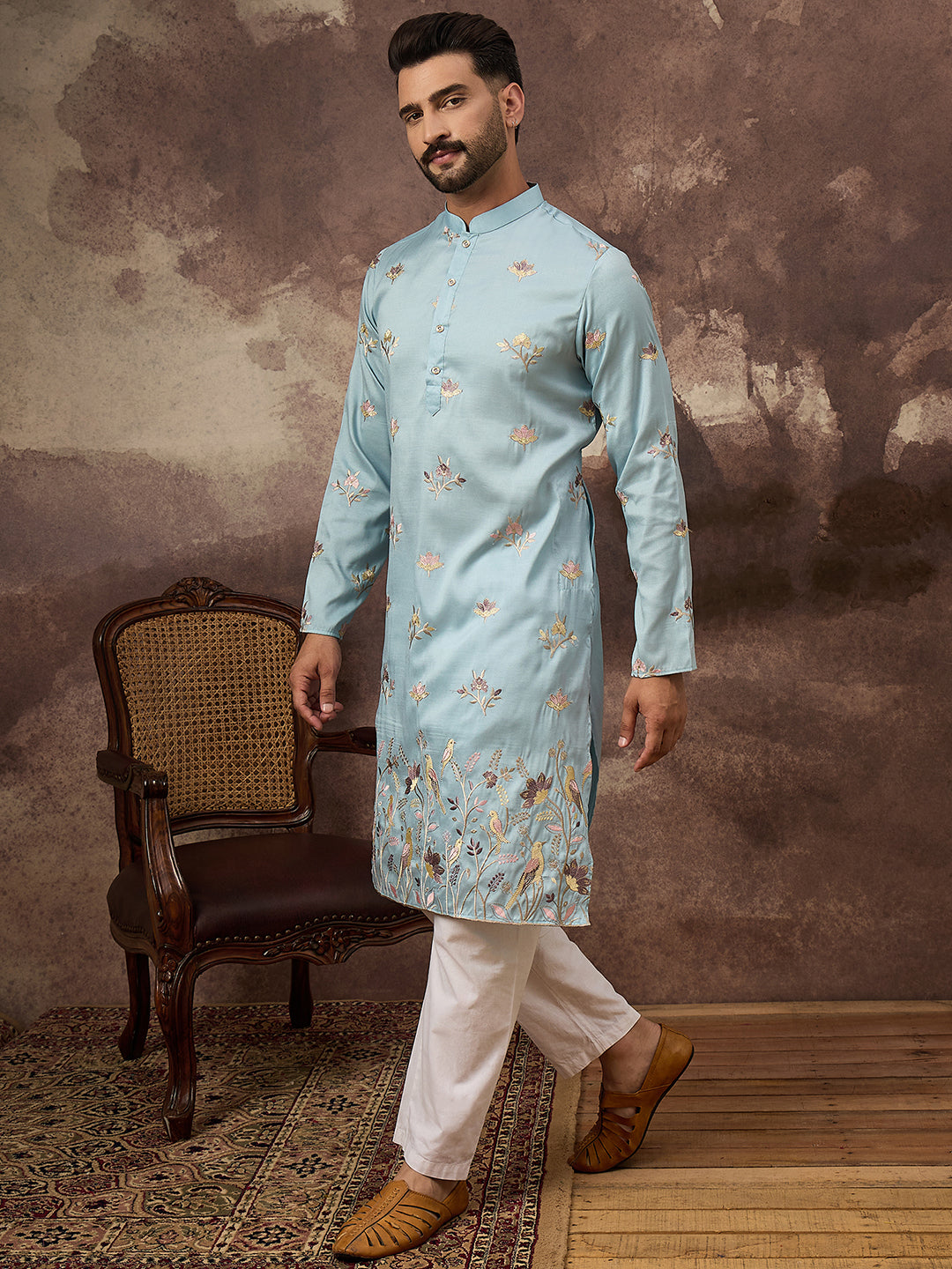Men Blue Silk Blend Solid Embroidered Straight Kurta and Trouser-MKSET1343