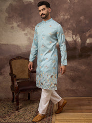 Men Blue Silk Blend Solid Embroidered Straight Kurta and Trouser-MKSET1343