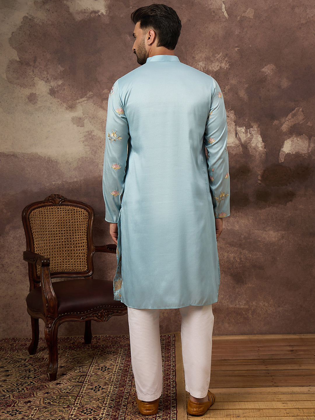 Men Blue Silk Blend Solid Embroidered Straight Kurta and Trouser-MKSET1343