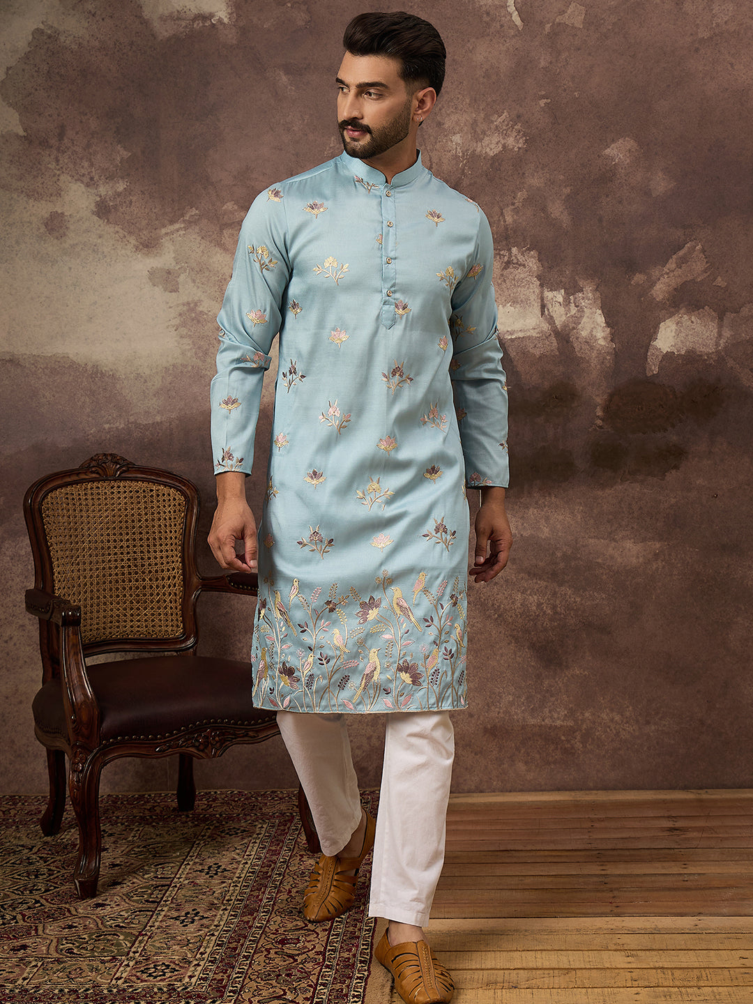 Men Blue Silk Blend Solid Embroidered Straight Kurta and Trouser-MKSET1343