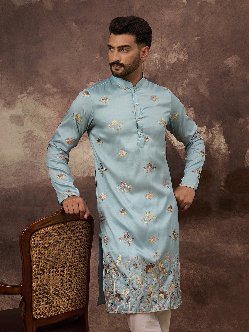 Men Blue Silk Blend Solid Embroidered Straight Kurta and Trouser-MKSET1343