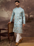 Men Blue Silk Blend Solid Embroidered Straight Kurta and Trouser-MKSET1343