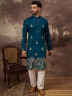 Men Blue Silk Blend Solid Embroidered Straight Kurta with Trouser-MKSET1344
