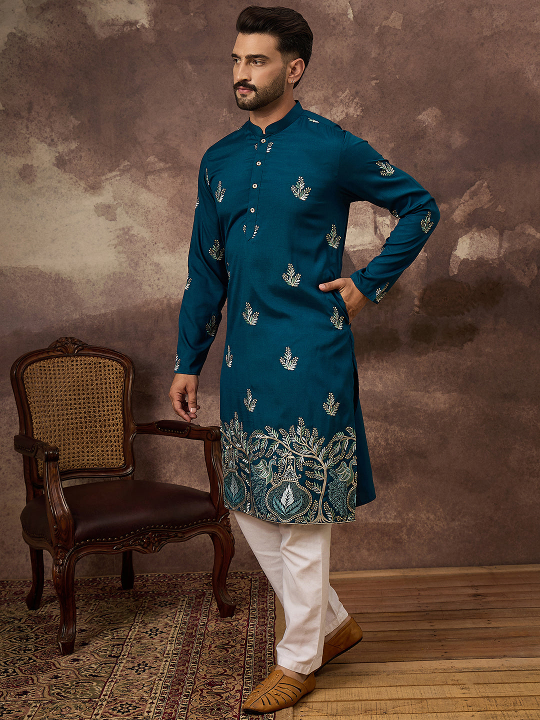 Men Blue Silk Blend Solid Embroidered Straight Kurta with Trouser-MKSET1344