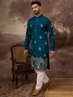 Men Blue Silk Blend Solid Embroidered Straight Kurta with Trouser-MKSET1344