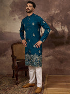 Men Blue Silk Blend Solid Embroidered Straight Kurta with Trouser-MKSET1344