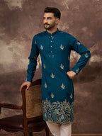 Men Blue Silk Blend Solid Embroidered Straight Kurta with Trouser-MKSET1344