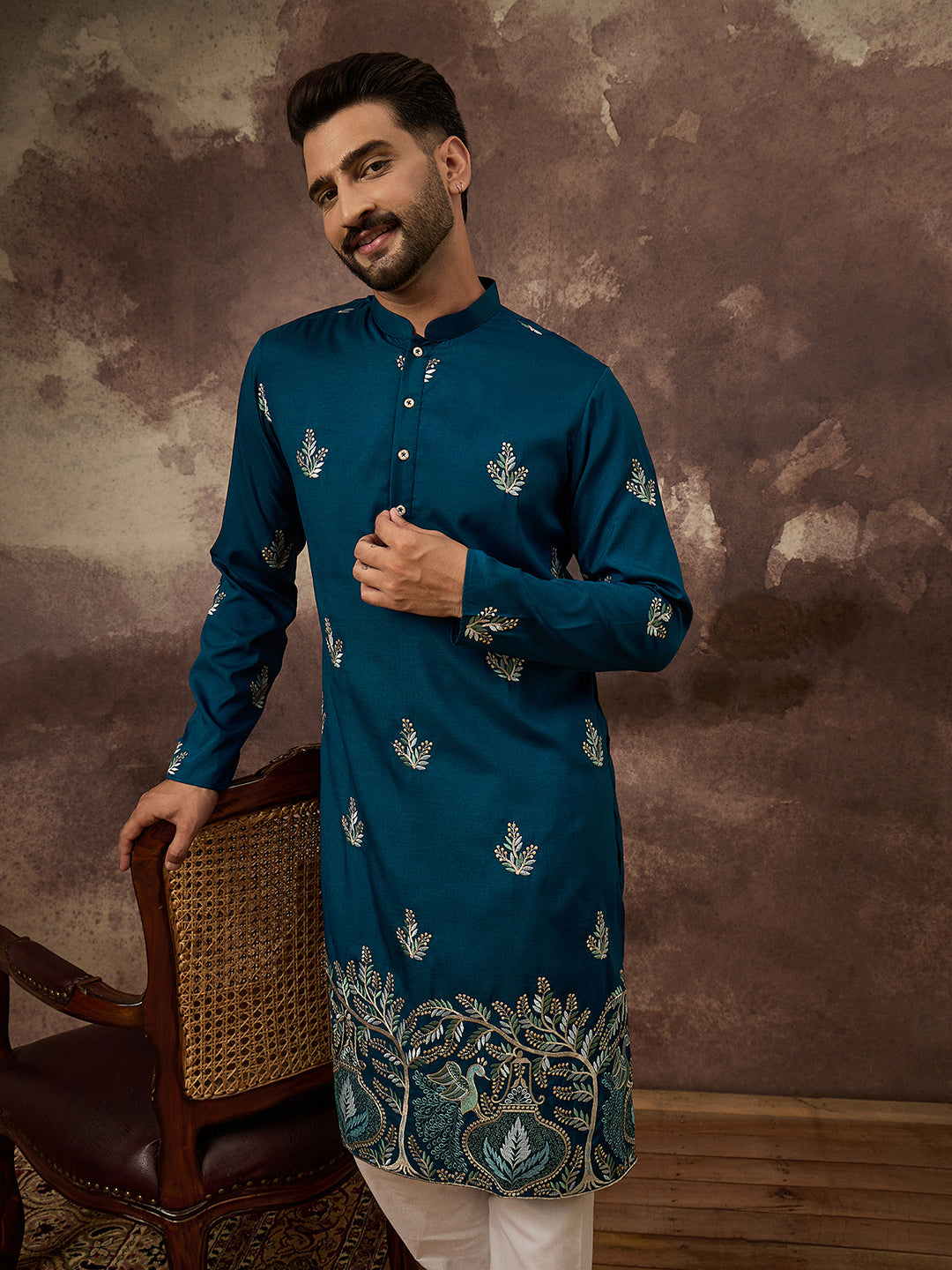 Men Blue Silk Blend Solid Embroidered Straight Kurta with Trouser-MKSET1344