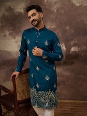 Men Blue Silk Blend Solid Embroidered Straight Kurta with Trouser-MKSET1344